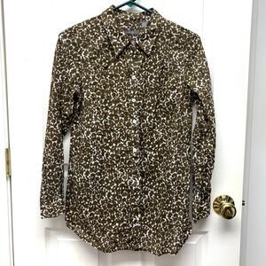 Liz Claiborne Blouse, Brown White Light Cotton Floral Button Up, Women's Size MP